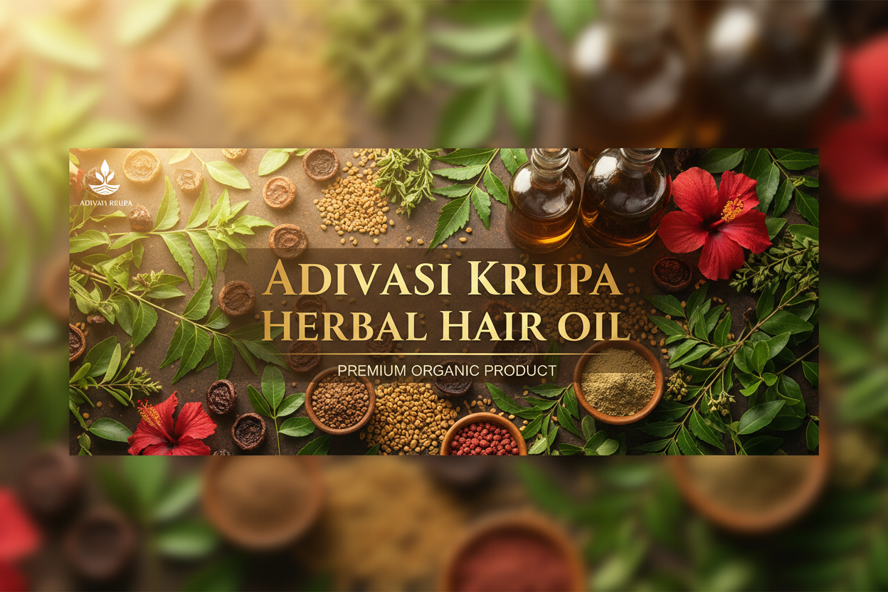 Create a banner for our slide show according to our other banners and graphics and include our brand name (Adivasi Krupa Herbal Hair Oil)